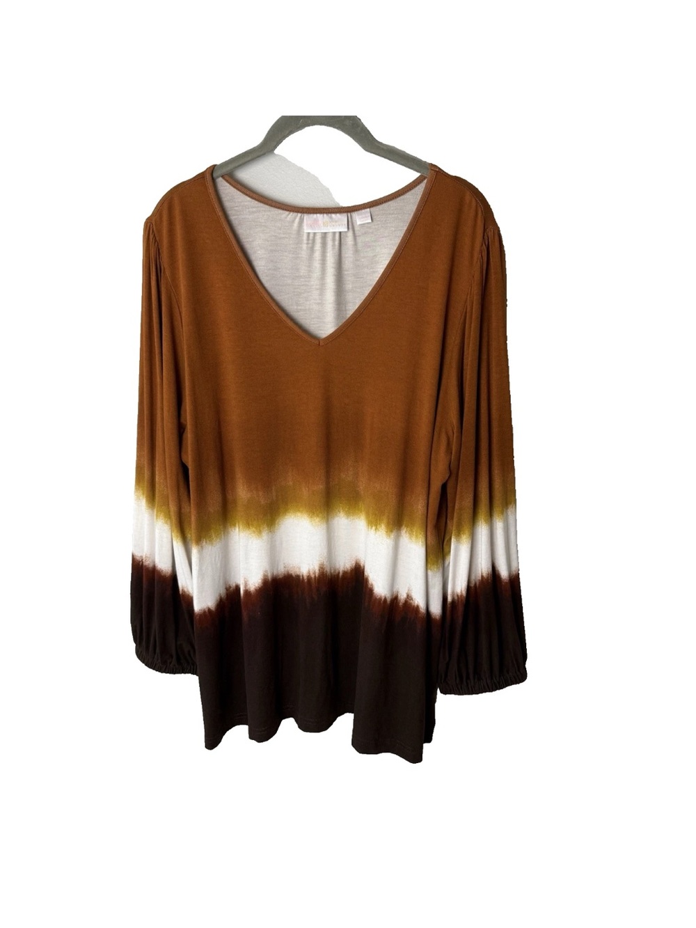 Belle Kim Gravel Top Size Large V-Neck 3/4 Sleeves Stretch Earth Colors Brown